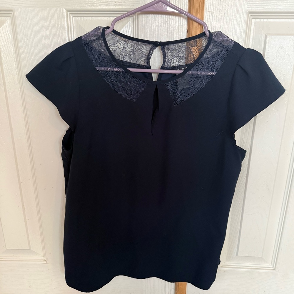 Ann Taylor Black Lace Yoke Flutter Sleeve Top